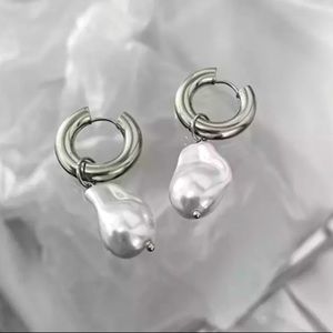 Silver Hoop Earrings with White Baroque Pearl Drops